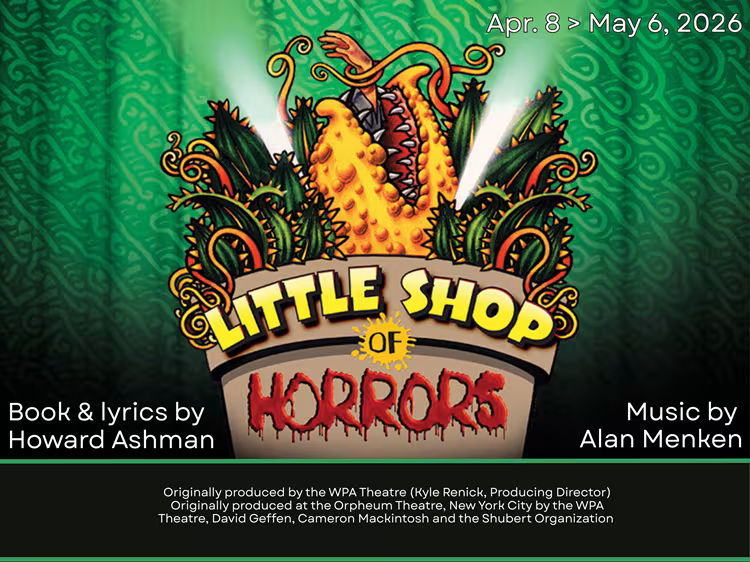 Little Shop of Horrors show poster. Illustration of a plant pot with a plant that looks like a large venus fly trap.
