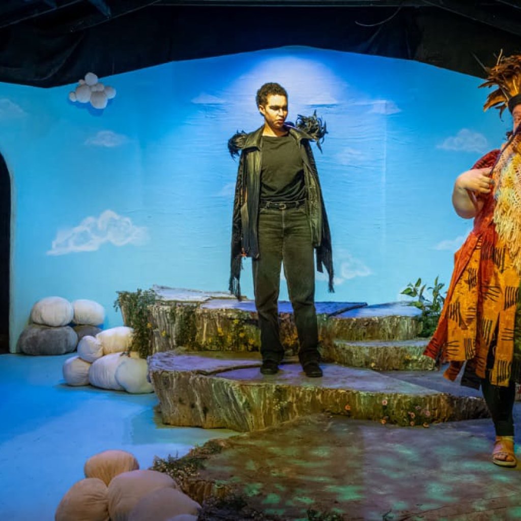 Five people dressed as birds on a mountaintop scene