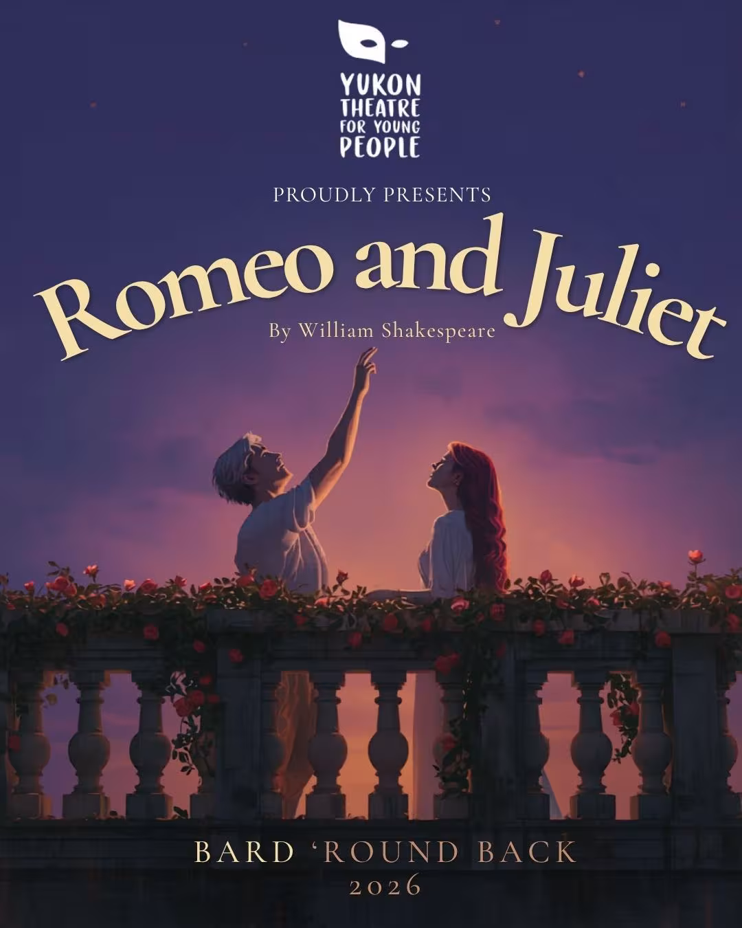 A young man and woman on a balcony with floral lining. Romeo and Juliet.